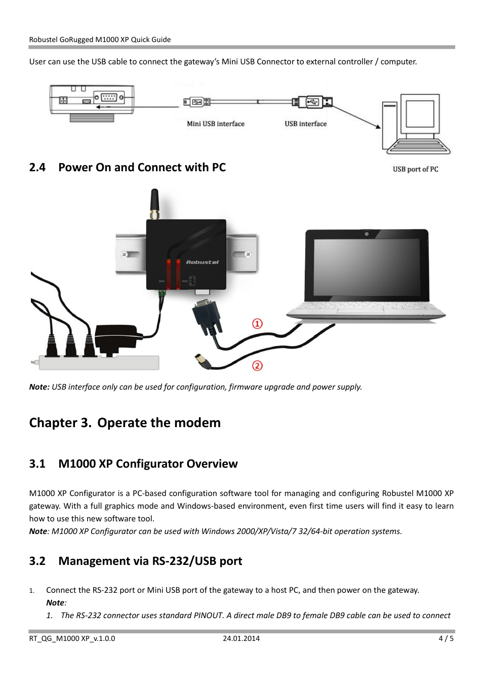 4 power on and connect with pc, Chapter 3. operate the modem, 1 m1000 xp configurator overview | 2 management via rs-232/usb port | Robustel M1000 XP Quick Guide User Manual | Page 4 / 5