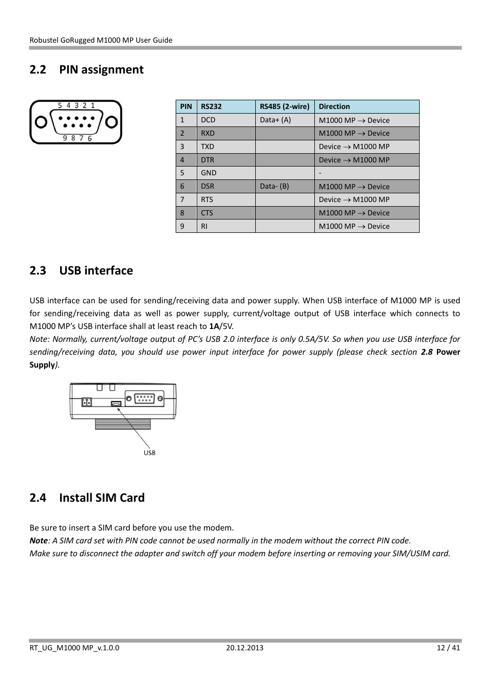 2 pin assignment, 3 usb interface, 4 install sim card | Pin assignment, Usb interface, Install sim card | Robustel M1000 MP User Guide User Manual | Page 13 / 42