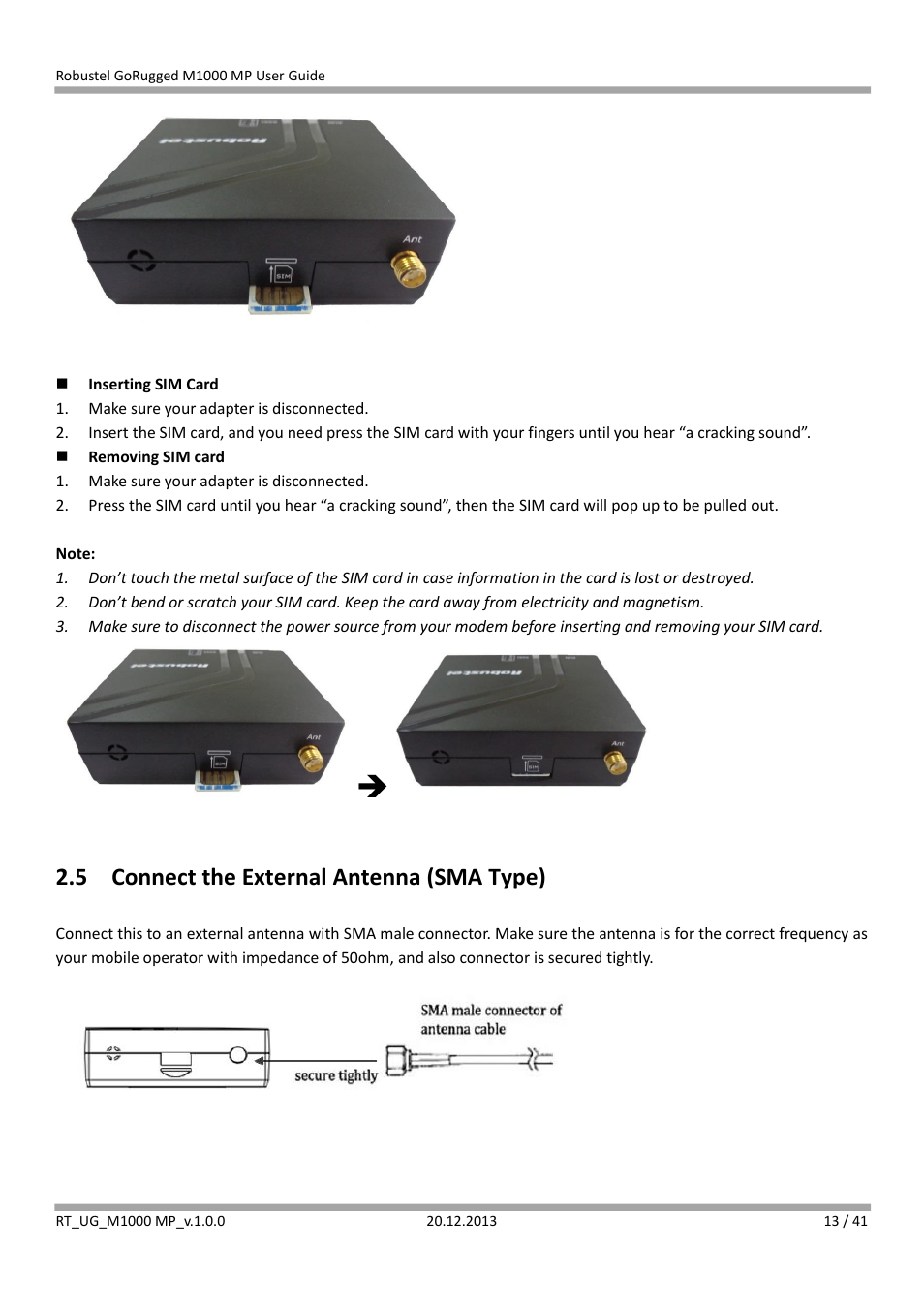 5 connect the external antenna (sma type), Connect the external antenna (sma type) | Robustel M1000 MP User Guide User Manual | Page 14 / 42