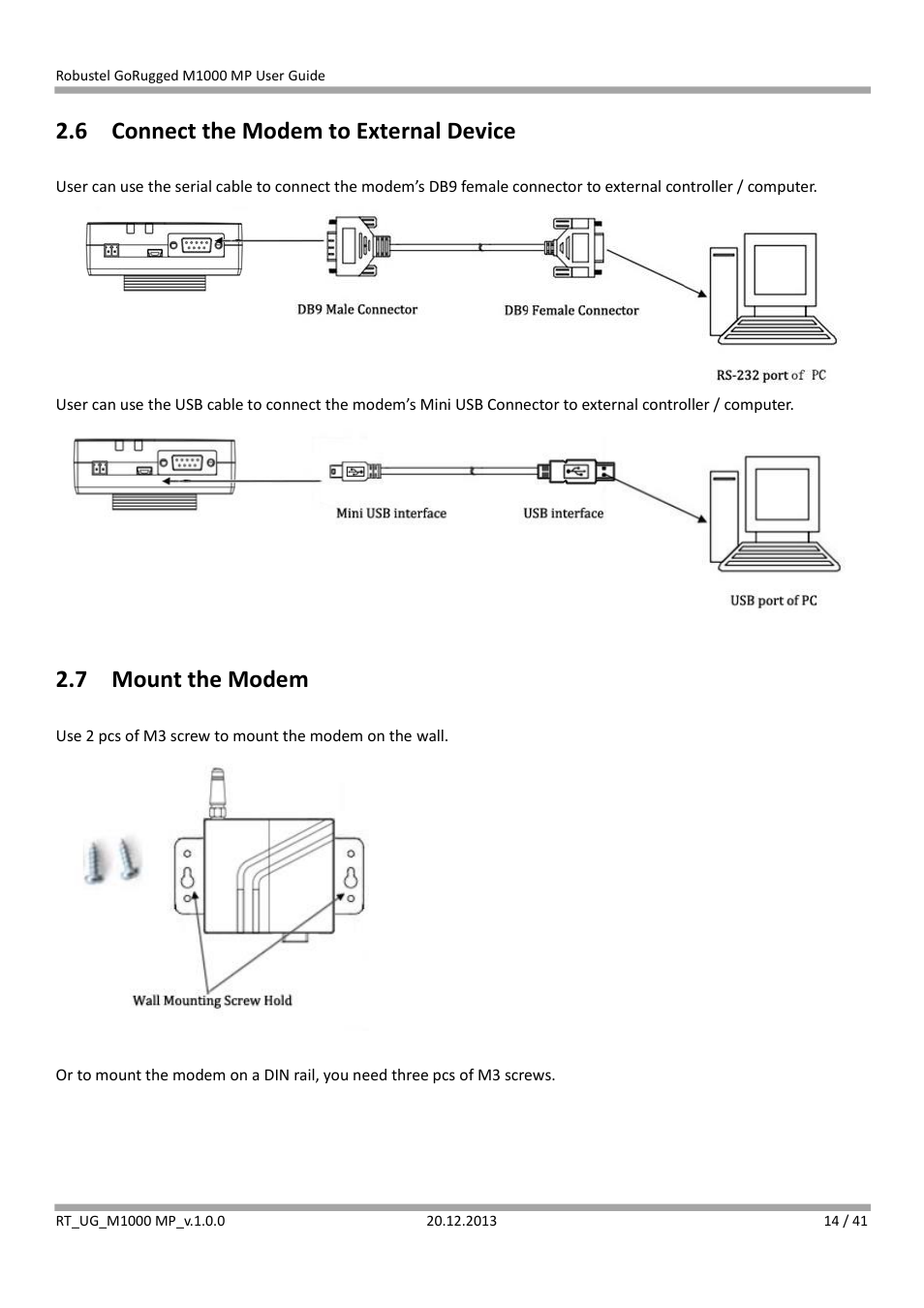 6 connect the modem to external device, 7 mount the modem, Connect the modem to external device | Mount the modem | Robustel M1000 MP User Guide User Manual | Page 15 / 42