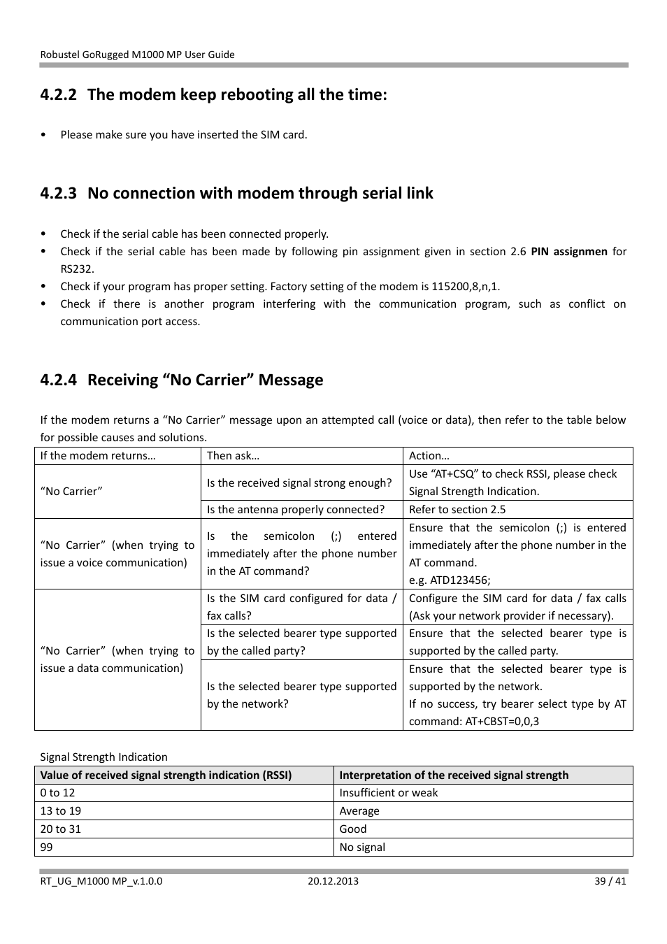 2 the modem keep rebooting all the time, 3 no connection with modem through serial link, 4 receiving “no carrier” message | The modem keep rebooting all the time, No connection with modem through serial link, Receiving “no carrier” message | Robustel M1000 MP User Guide User Manual | Page 40 / 42