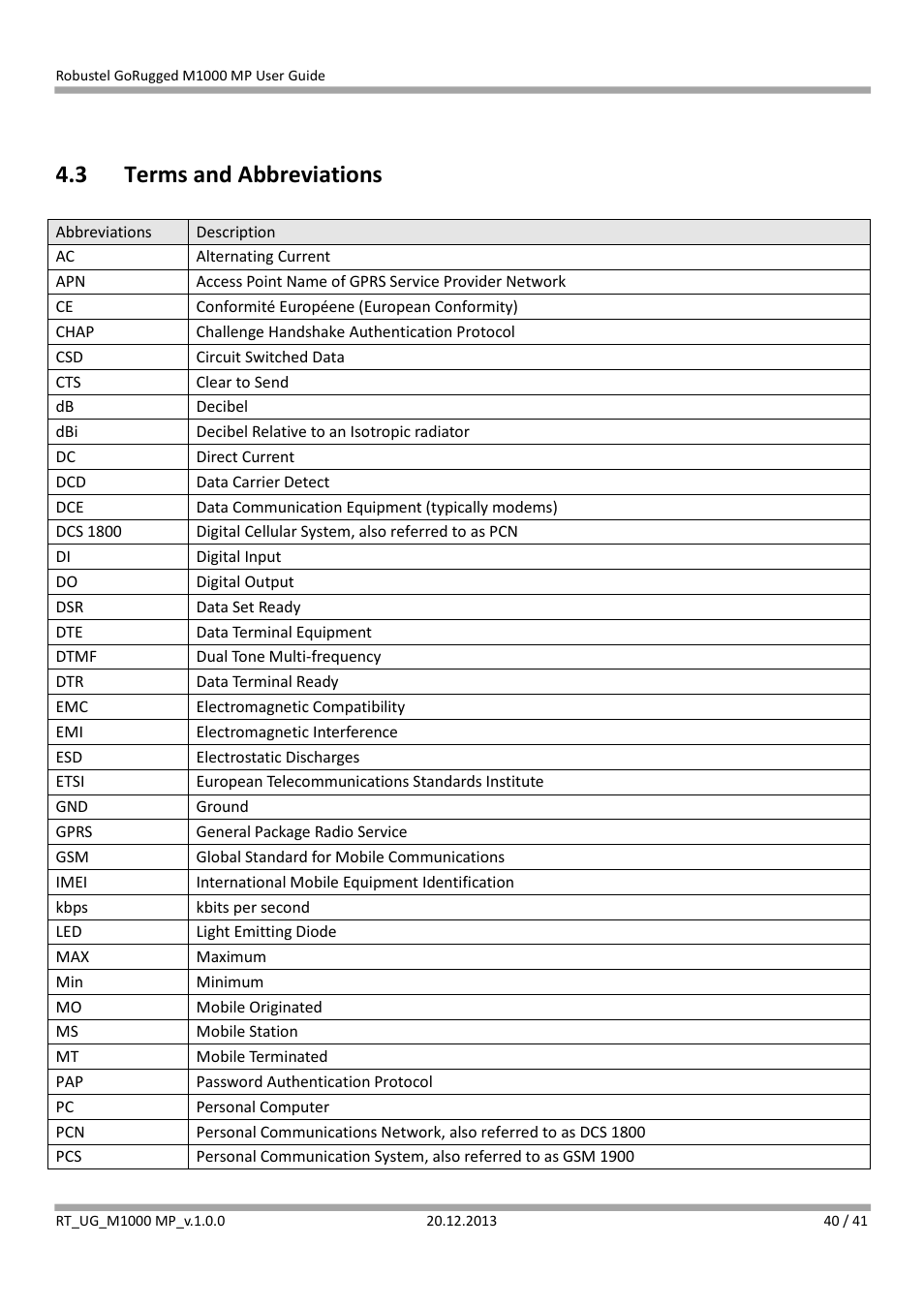 3 terms and abbreviations, Terms and abbreviations | Robustel M1000 MP User Guide User Manual | Page 41 / 42