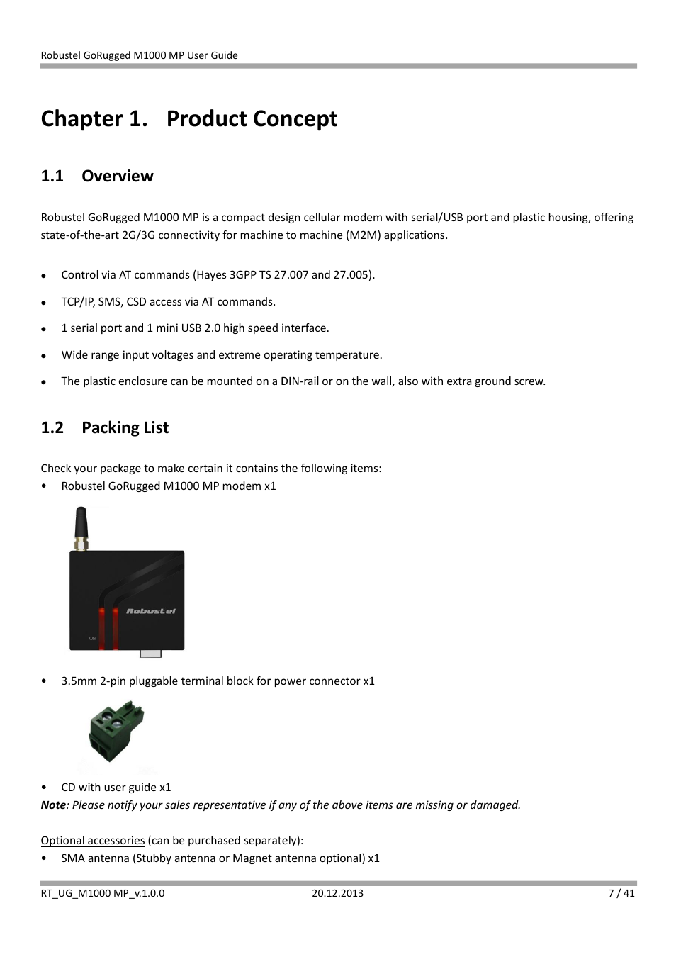 Chapter 1. product concept, 1 overview, 2 packing list | Chapter 1, Product concept, Overview, Packing list | Robustel M1000 MP User Guide User Manual | Page 8 / 42