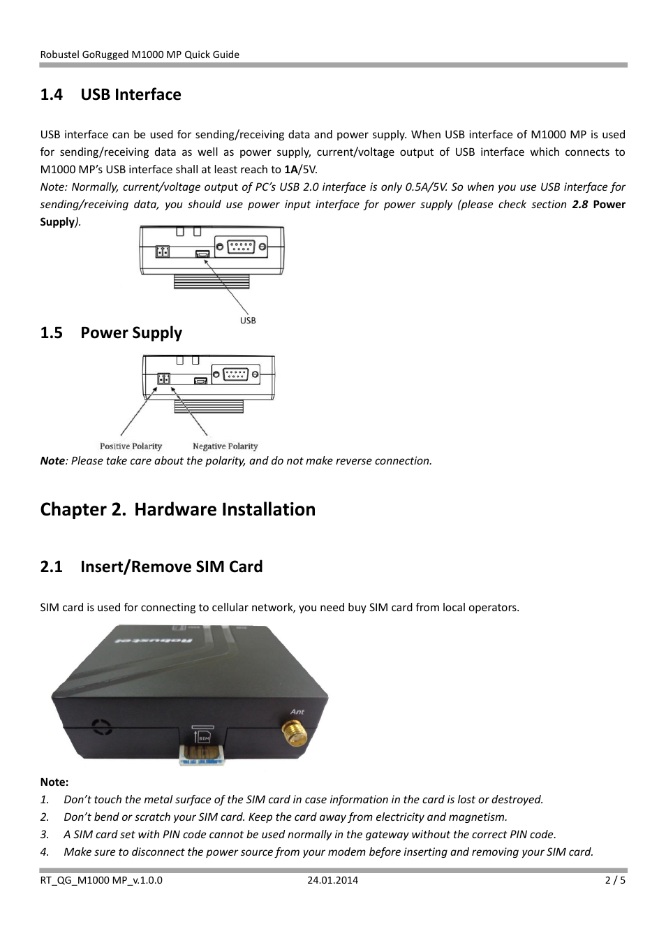 4 usb interface, 5 power supply, Chapter 2. hardware installation | 1 insert/remove sim card | Robustel M1000 MP Quick Guide User Manual | Page 2 / 5