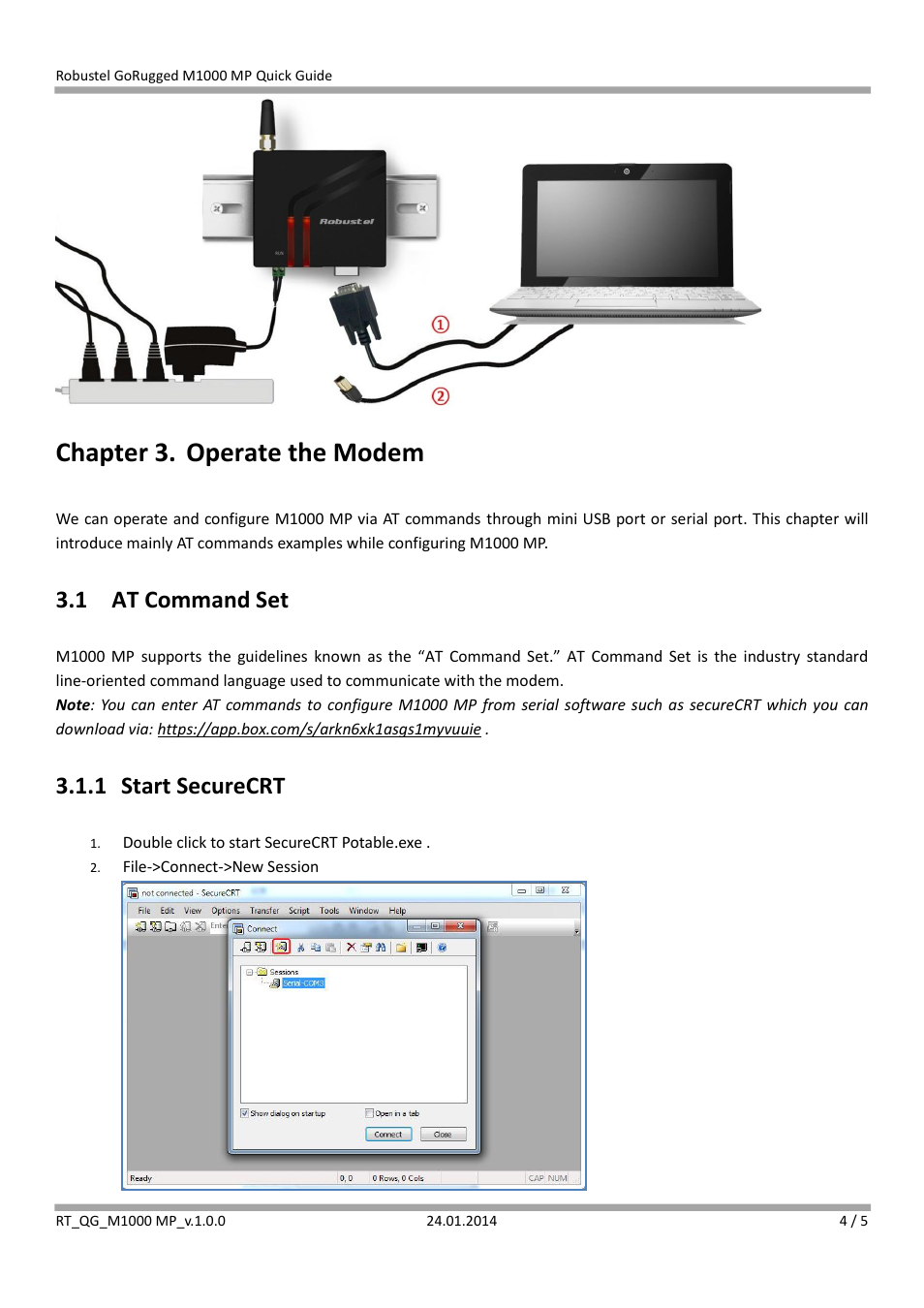 Chapter 3. operate the modem, 1 at command set, 1 start securecrt | Robustel M1000 MP Quick Guide User Manual | Page 4 / 5