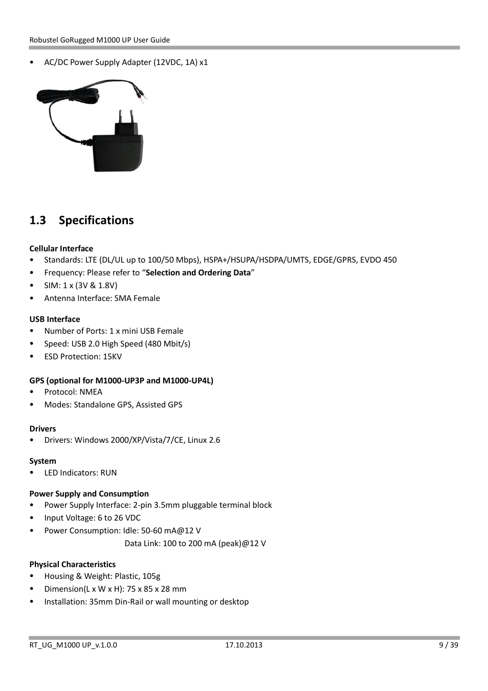 3 specifications, Specifications | Robustel M1000 UP User Guide User Manual | Page 10 / 40