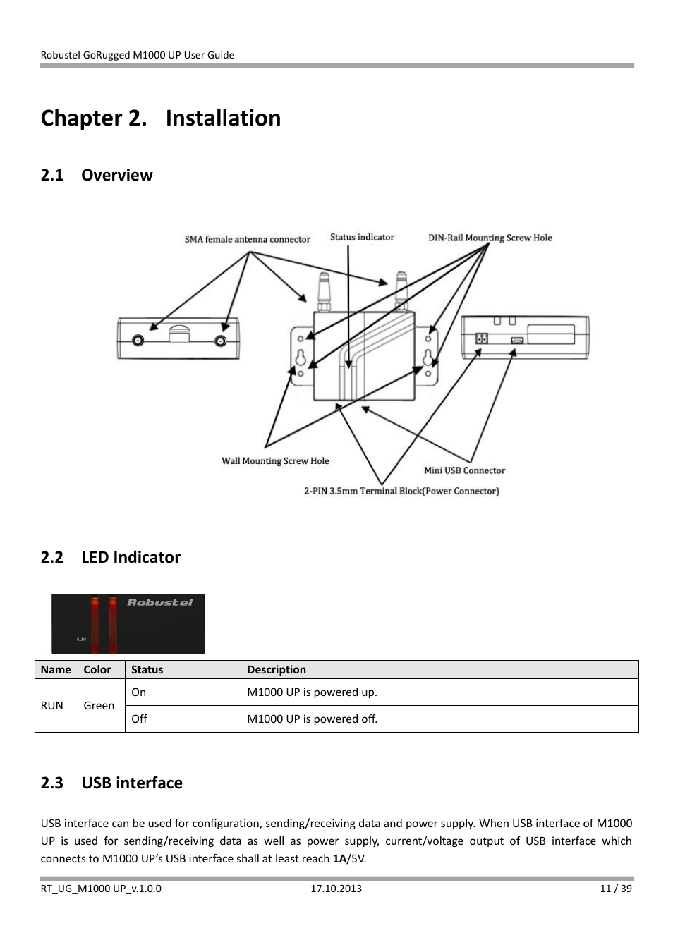 Chapter 2. installation, 1 overview, 2 led indicator | 3 usb interface, Chapter 2, Installation, Overview, Led indicator, Usb interface | Robustel M1000 UP User Guide User Manual | Page 12 / 40