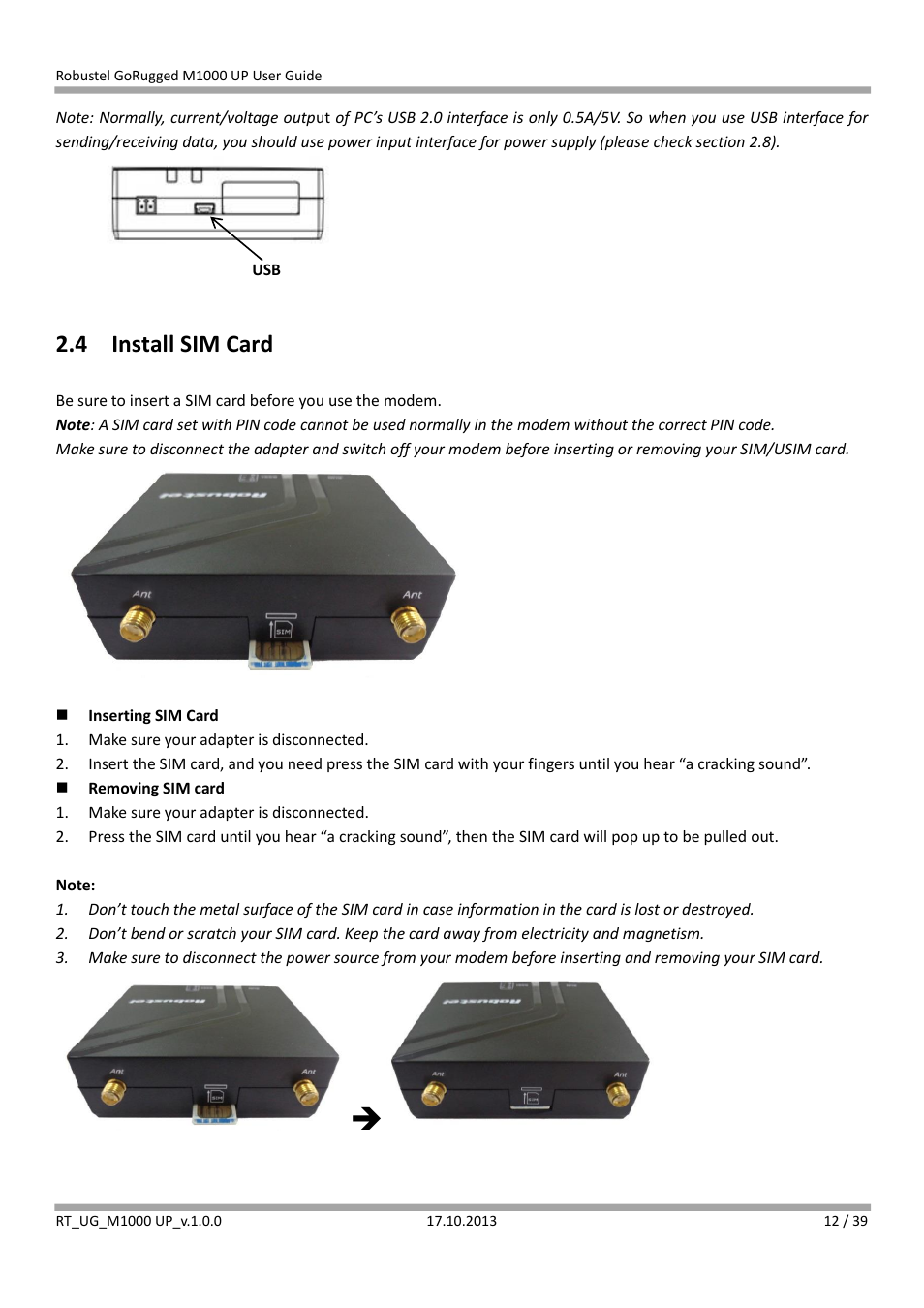 4 install sim card, Install sim card | Robustel M1000 UP User Guide User Manual | Page 13 / 40