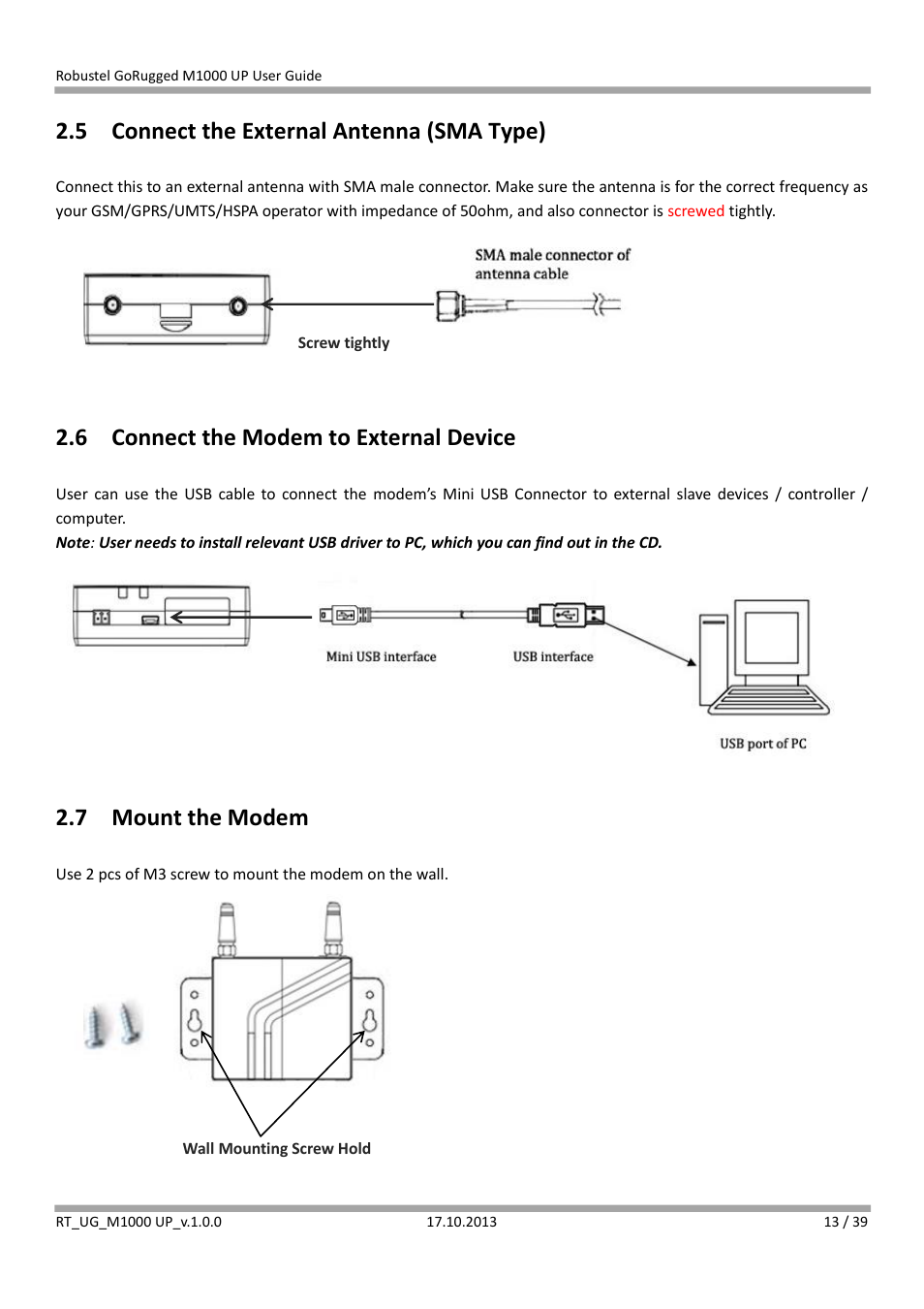 5 connect the external antenna (sma type), 6 connect the modem to external device, 7 mount the modem | Connect the external antenna (sma type), Connect the modem to external device, Mount the modem | Robustel M1000 UP User Guide User Manual | Page 14 / 40