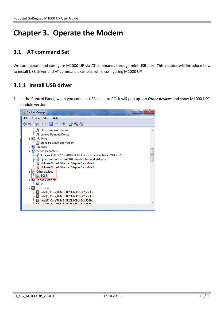 Chapter 3. operate the modem, 1 at command set, 1 install usb driver | Chapter 3, Operate the modem, At command set, Install usb driver | Robustel M1000 UP User Guide User Manual | Page 16 / 40