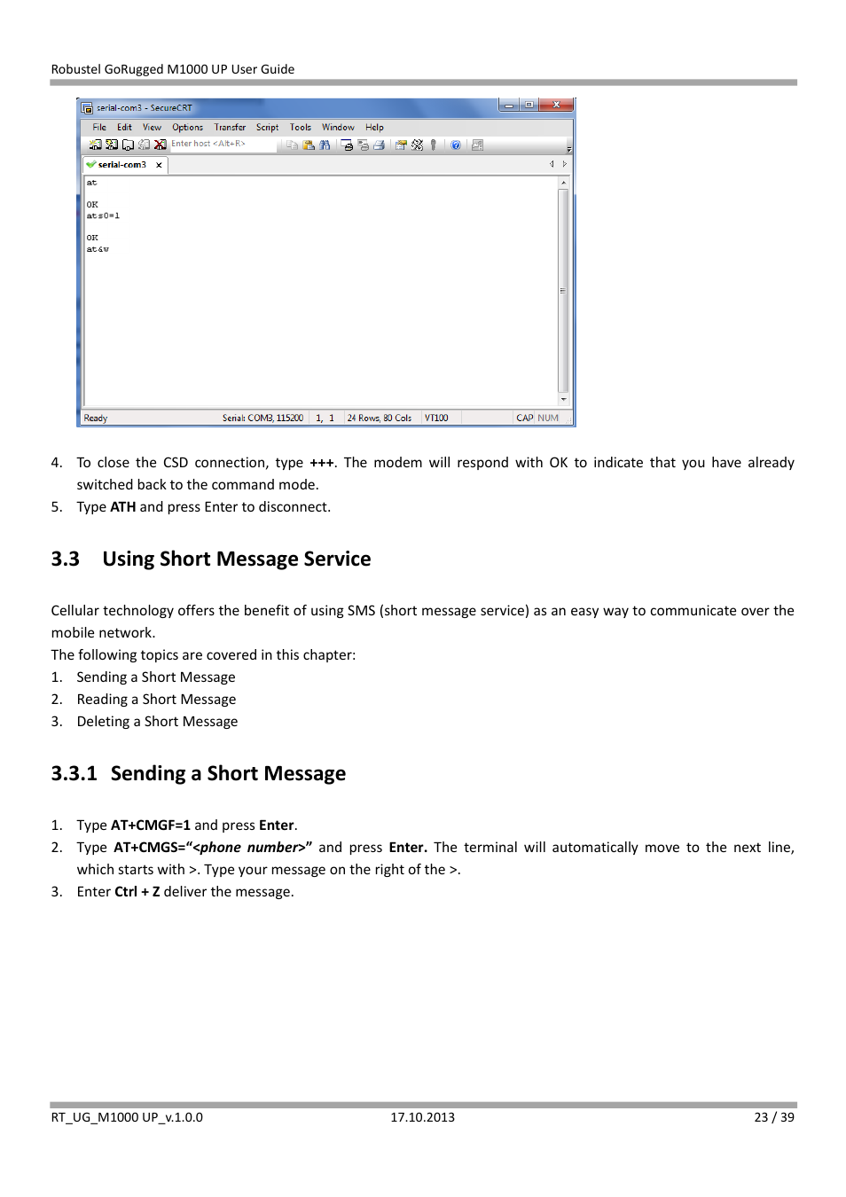 3 using short message service, 1 sending a short message, Using short message service | Sending a short message | Robustel M1000 UP User Guide User Manual | Page 24 / 40