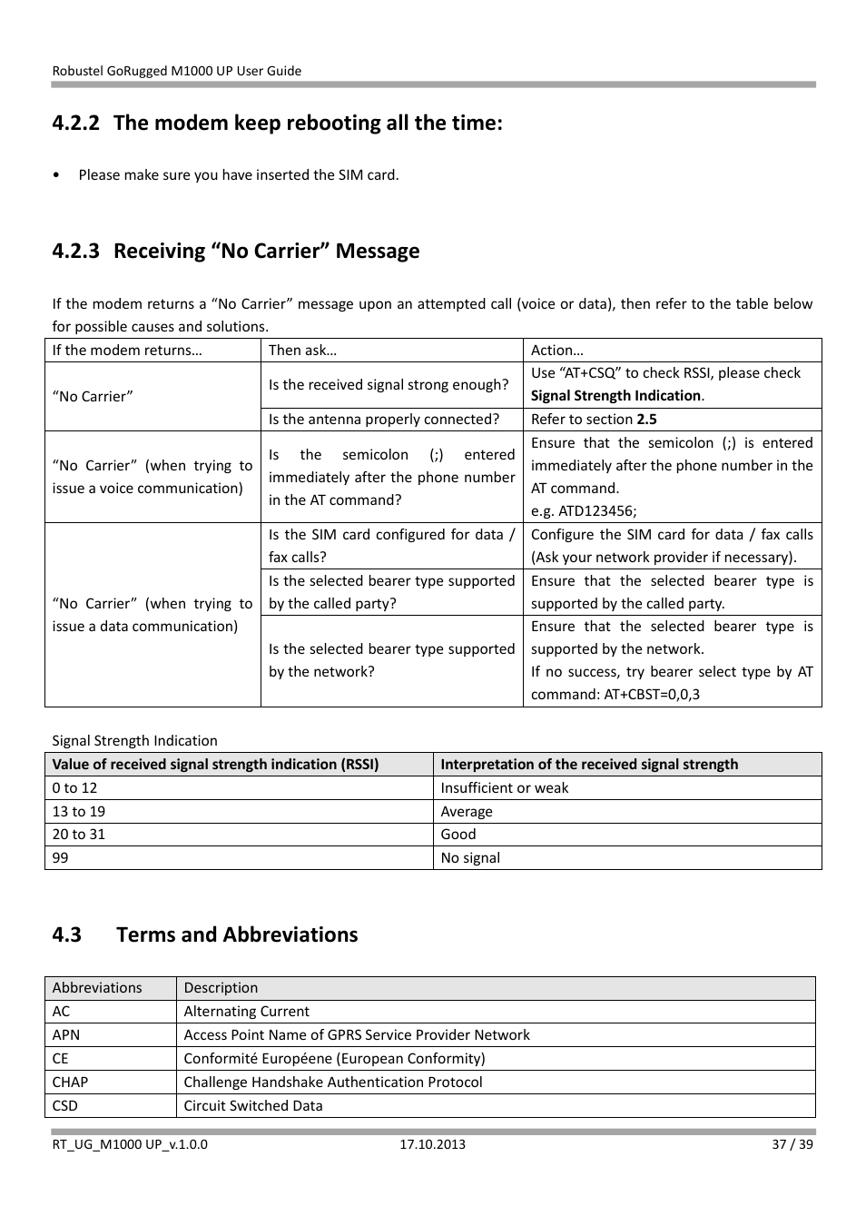 2 the modem keep rebooting all the time, 3 receiving “no carrier” message, 3 terms and abbreviations | The modem keep rebooting all the time, Receiving “no carrier” message, Terms and abbreviations | Robustel M1000 UP User Guide User Manual | Page 38 / 40