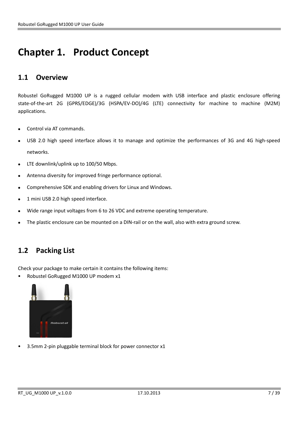 Chapter 1. product concept, 1 overview, 2 packing list | Chapter 1, Product concept, Overview, Packing list | Robustel M1000 UP User Guide User Manual | Page 8 / 40