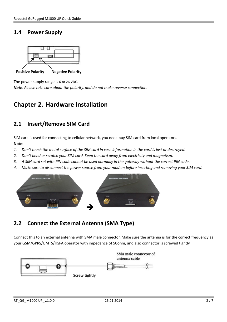 4 power supply, Chapter 2. hardware installation, 1 insert/remove sim card | 2 connect the external antenna (sma type) | Robustel M1000 UP Quick Guide User Manual | Page 2 / 7