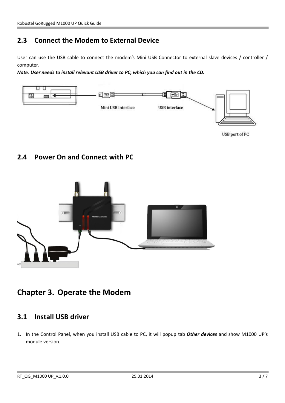 3 connect the modem to external device, 4 power on and connect with pc, Chapter 3. operate the modem | 1 install usb driver | Robustel M1000 UP Quick Guide User Manual | Page 3 / 7