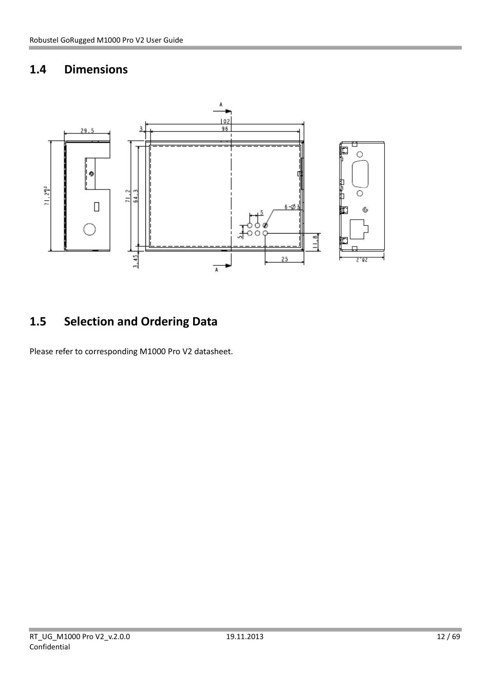 4 dimensions, 5 selection and ordering data, Dimensions | Selection and ordering data | Robustel M1000 Pro V2 User Guide User Manual | Page 13 / 70