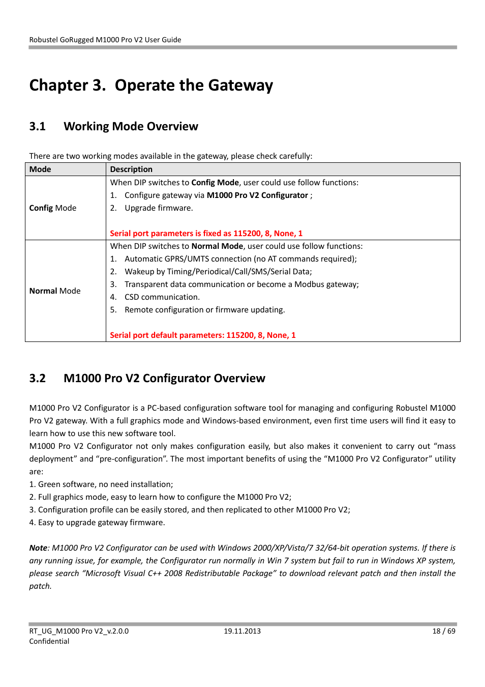 Chapter 3. operate the gateway, 1 working mode overview, 2 m1000 pro v2 configurator overview | Chapter 3, Operate the gateway, Working mode overview, M1000 pro v2 configurator overview | Robustel M1000 Pro V2 User Guide User Manual | Page 19 / 70