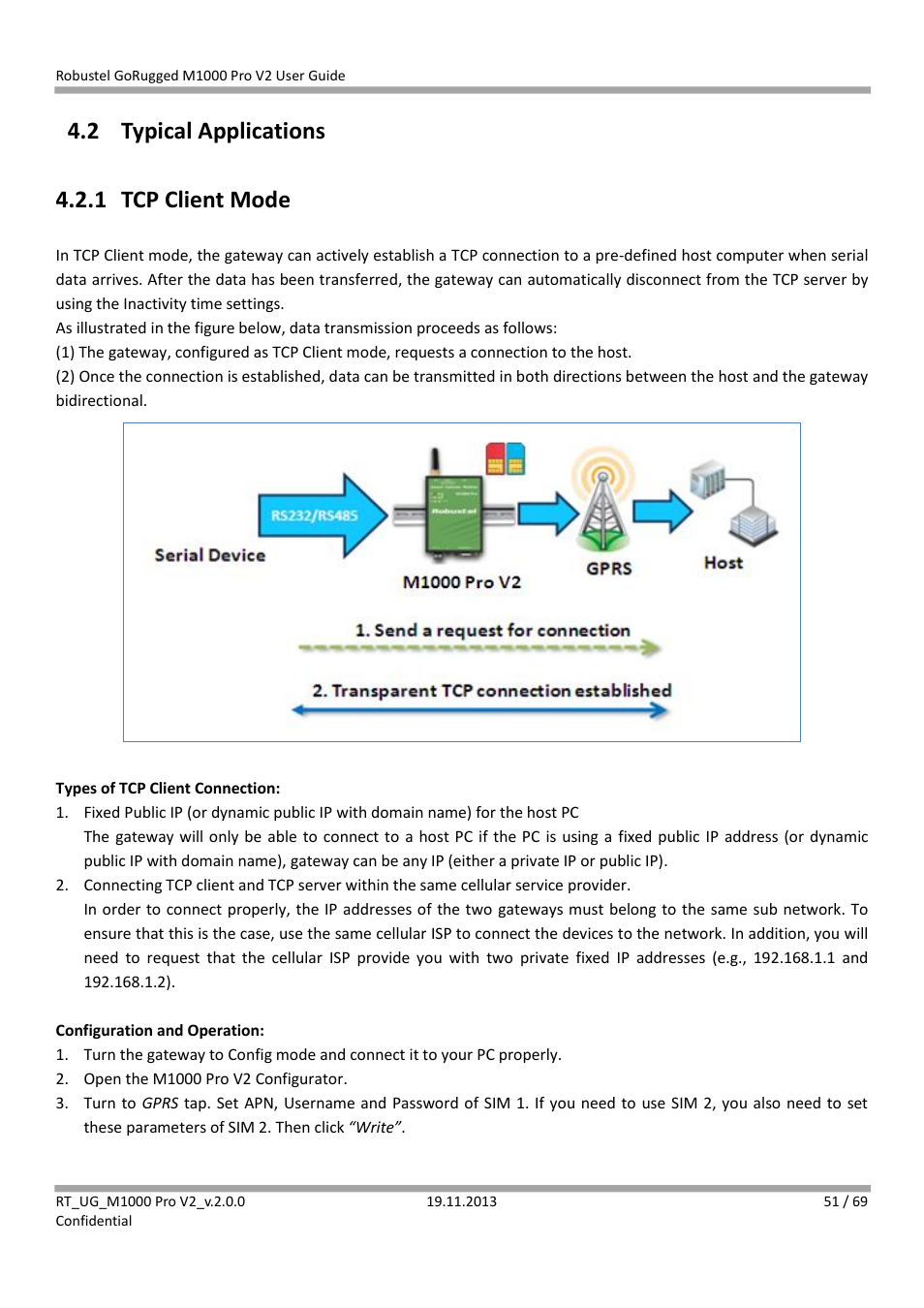 2 typical applications, 1 tcp client mode, Typical applications | Tcp client mode, 2 typical applications 4.2.1 tcp client mode | Robustel M1000 Pro V2 User Guide User Manual | Page 52 / 70