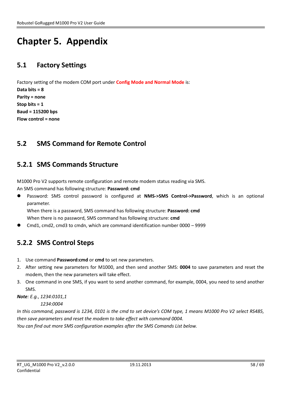 Chapter 5. appendix, 1 factory settings, 2 sms command for remote control | 1 sms commands structure, 2 sms control steps, Chapter 5, Appendix, Factory settings, Sms command for remote control, Sms commands structure | Robustel M1000 Pro V2 User Guide User Manual | Page 59 / 70