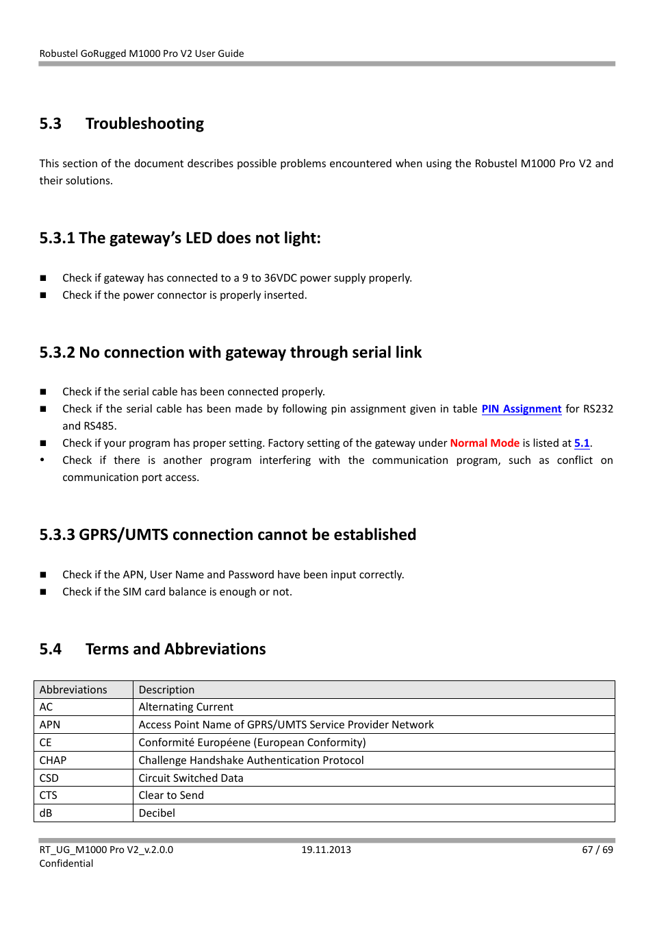 3 troubleshooting, 1 the gateway’s led does not light, 2 no connection with gateway through serial link | 3 gprs/umts connection cannot be established, 4 terms and abbreviations, Troubleshooting, The gateway’s led does not light, No connection with gateway through serial link, Gprs/umts connection cannot be established, Terms and abbreviations | Robustel M1000 Pro V2 User Guide User Manual | Page 68 / 70