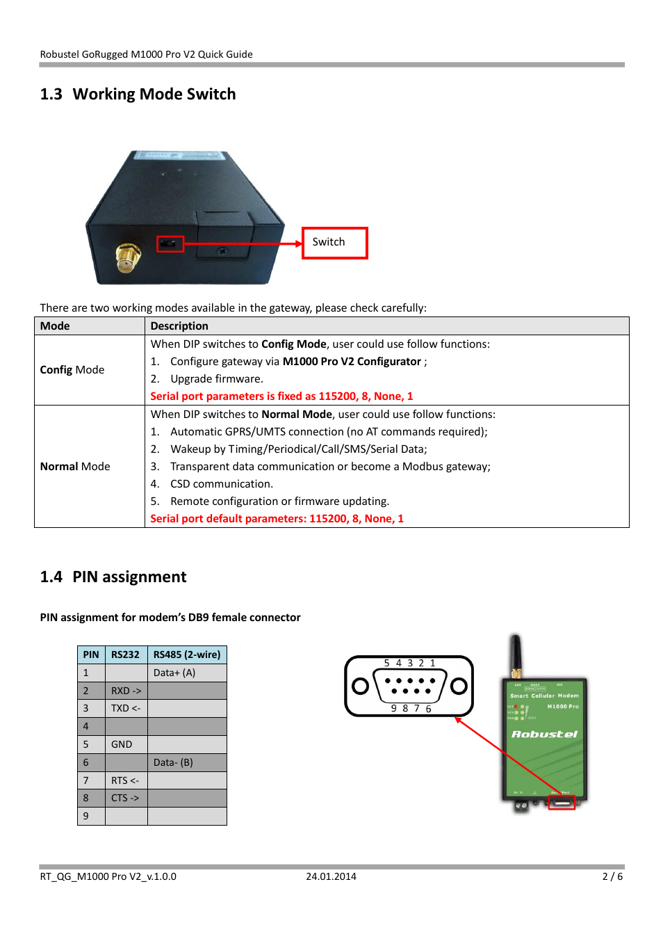 3 working mode switch, 4 pin assignment | Robustel M1000 Pro V2 Quick Guide User Manual | Page 2 / 6