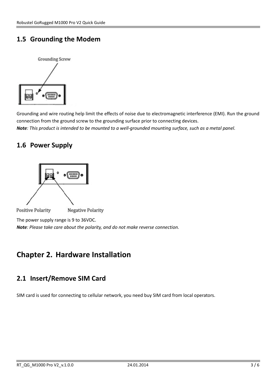 5 grounding the modem, 6 power supply, Chapter 2. hardware installation | 1 insert/remove sim card | Robustel M1000 Pro V2 Quick Guide User Manual | Page 3 / 6