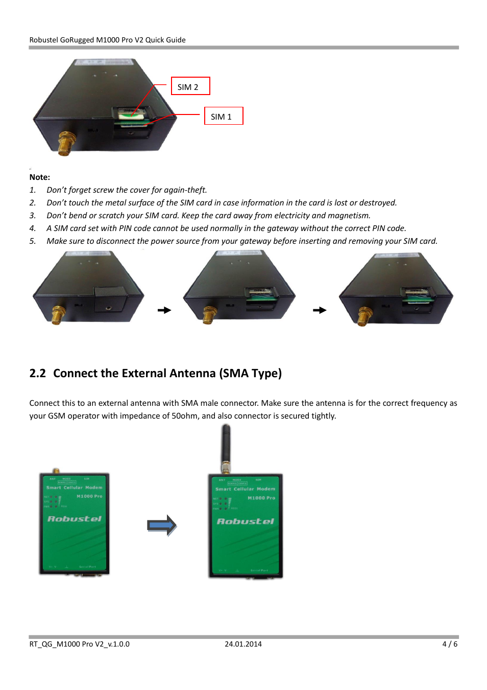 2 connect the external antenna (sma type) | Robustel M1000 Pro V2 Quick Guide User Manual | Page 4 / 6