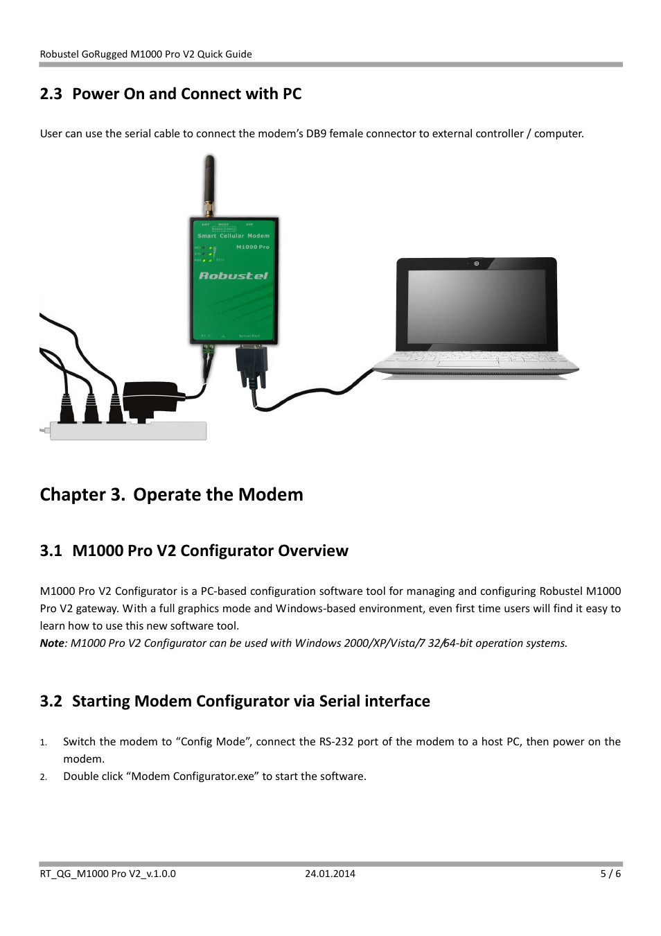 3 power on and connect with pc, Chapter 3. operate the modem, 1 m1000 pro v2 configurator overview | 2 starting modem configurator via serial interface | Robustel M1000 Pro V2 Quick Guide User Manual | Page 5 / 6