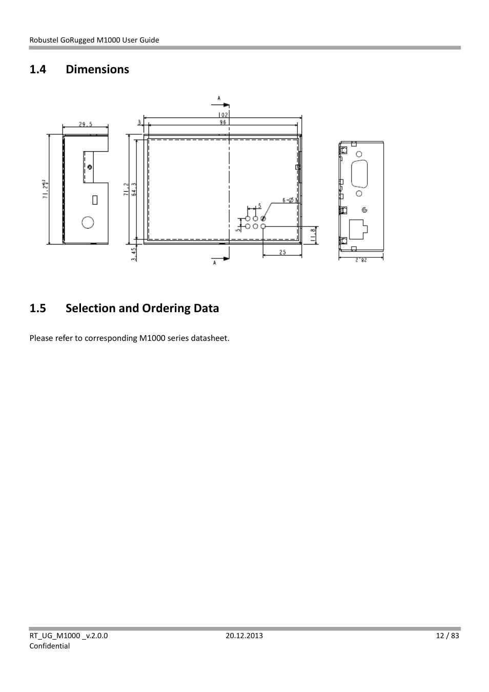 4 dimensions, 5 selection and ordering data, Dimensions | Selection and ordering data | Robustel M1000 User Guide User Manual | Page 13 / 85