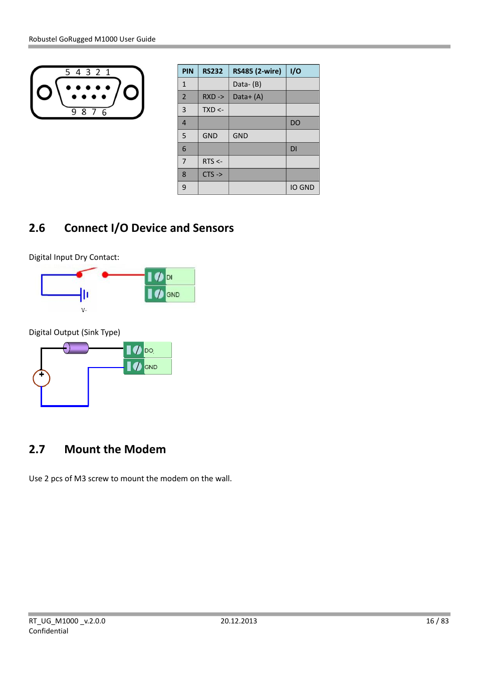 6 connect i/o device and sensors, 7 mount the modem, Connect i/o device and sensors | Mount the modem | Robustel M1000 User Guide User Manual | Page 17 / 85