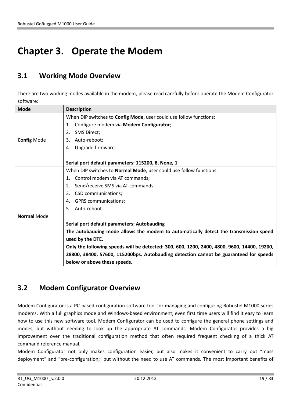 Chapter 3. operate the modem, 1 working mode overview, 2 modem configurator overview | Chapter 3, Operate the modem, Working mode overview, Modem configurator overview | Robustel M1000 User Guide User Manual | Page 20 / 85