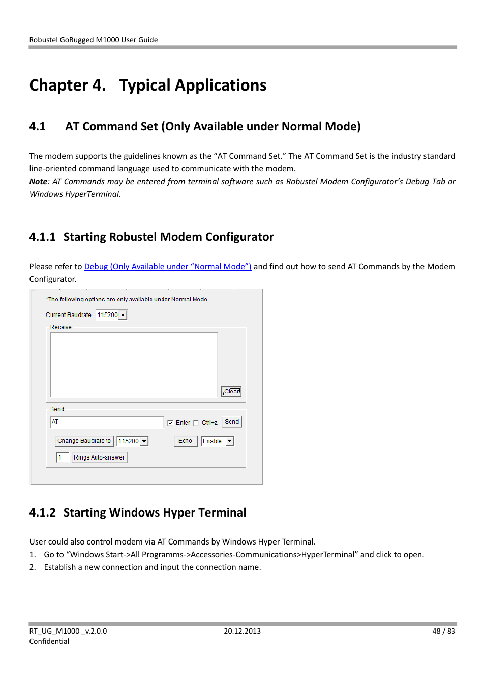 Chapter 4. typical applications, 1 starting robustel modem configurator, 2 starting windows hyper terminal | Chapter 4, Typical applications, At command set (only available under normal mode), Starting robustel modem configurator, Starting windows hyper terminal | Robustel M1000 User Guide User Manual | Page 49 / 85