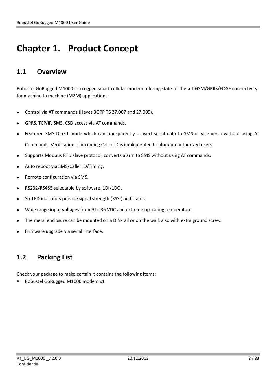 Chapter 1. product concept, 1 overview, 2 packing list | Chapter 1, Product concept, Overview, Packing list | Robustel M1000 User Guide User Manual | Page 9 / 85