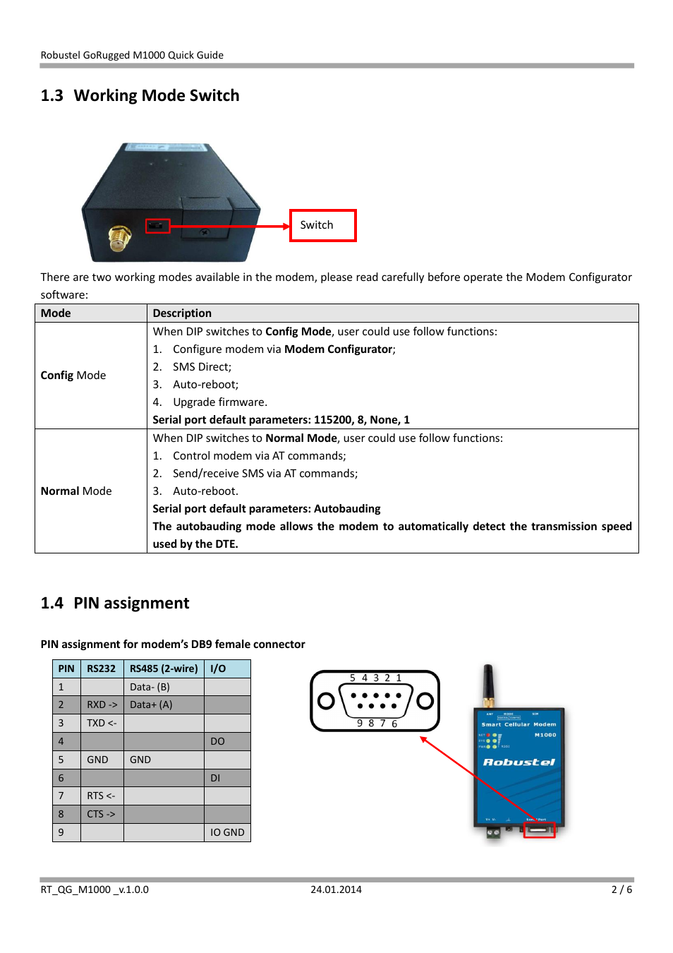 3 working mode switch, 4 pin assignment | Robustel M1000 Quick Guide User Manual | Page 2 / 6