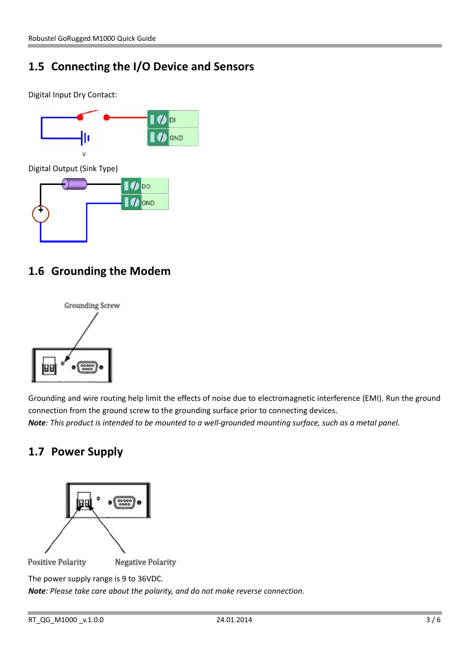 5 connecting the i/o device and sensors, 6 grounding the modem, 7 power supply | Robustel M1000 Quick Guide User Manual | Page 3 / 6