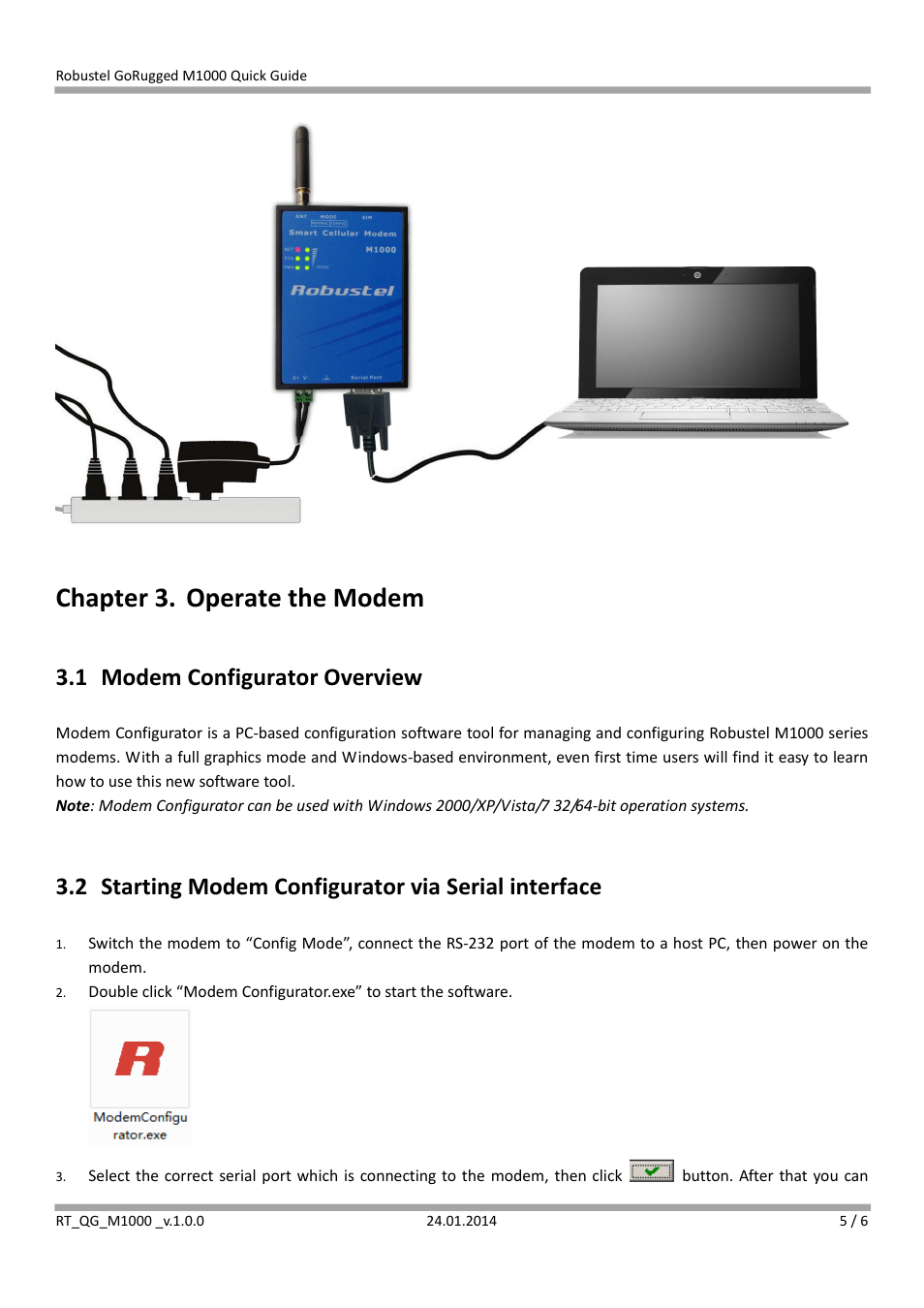 Chapter 3. operate the modem, 1 modem configurator overview, 2 starting modem configurator via serial interface | Robustel M1000 Quick Guide User Manual | Page 5 / 6