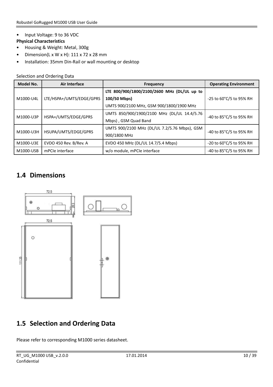 4 dimensions, 5 selection and ordering data, Dimensions | Selection and ordering data | Robustel M1000 USB User Guide User Manual | Page 11 / 40