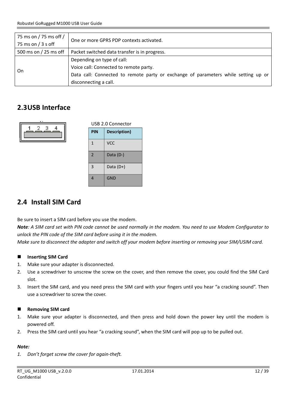 3 usb interface, 4 install sim card, Usb interface | Install sim card | Robustel M1000 USB User Guide User Manual | Page 13 / 40