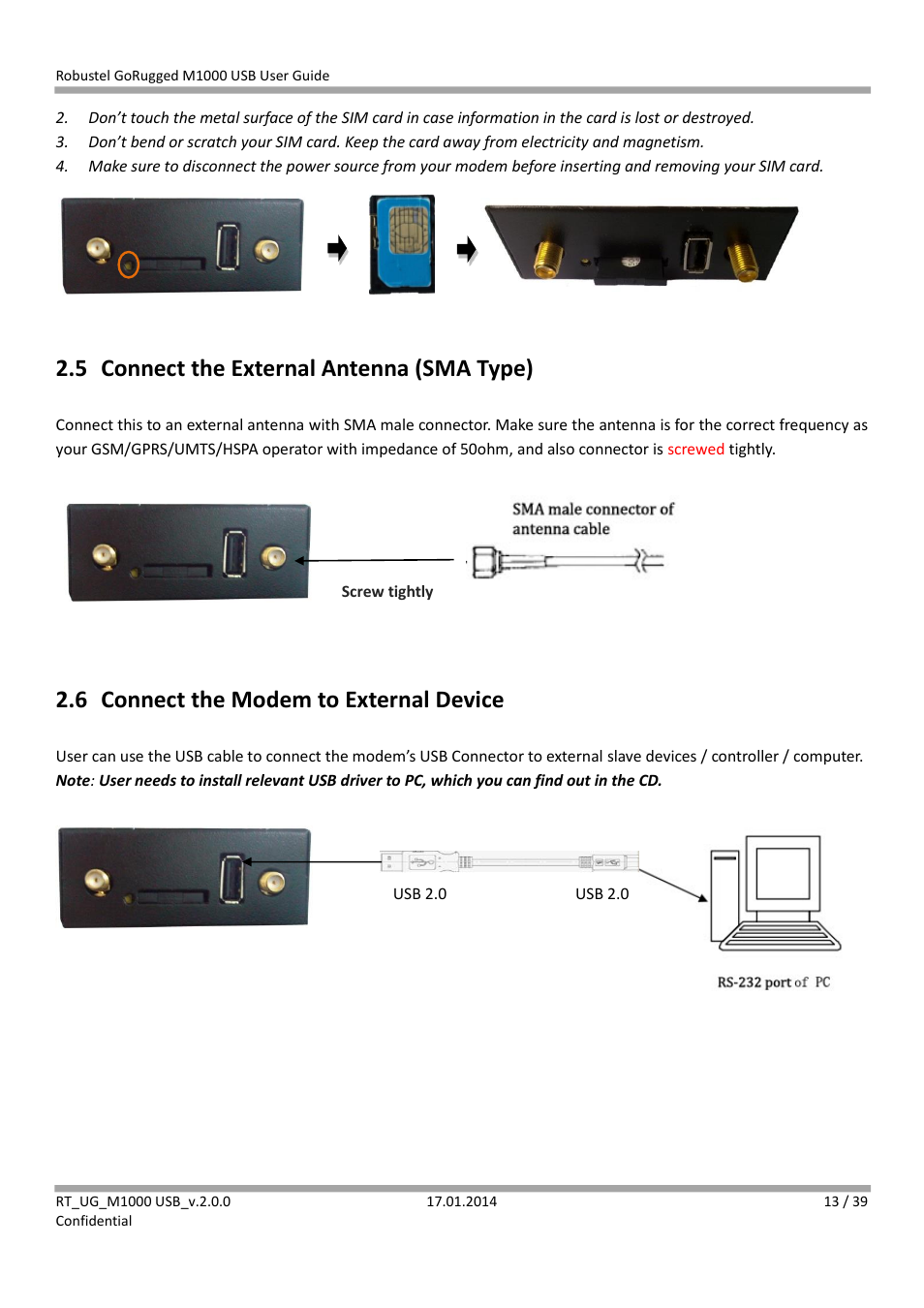 5 connect the external antenna (sma type), 6 connect the modem to external device, Connect the external antenna (sma type) | Connect the modem to external device | Robustel M1000 USB User Guide User Manual | Page 14 / 40