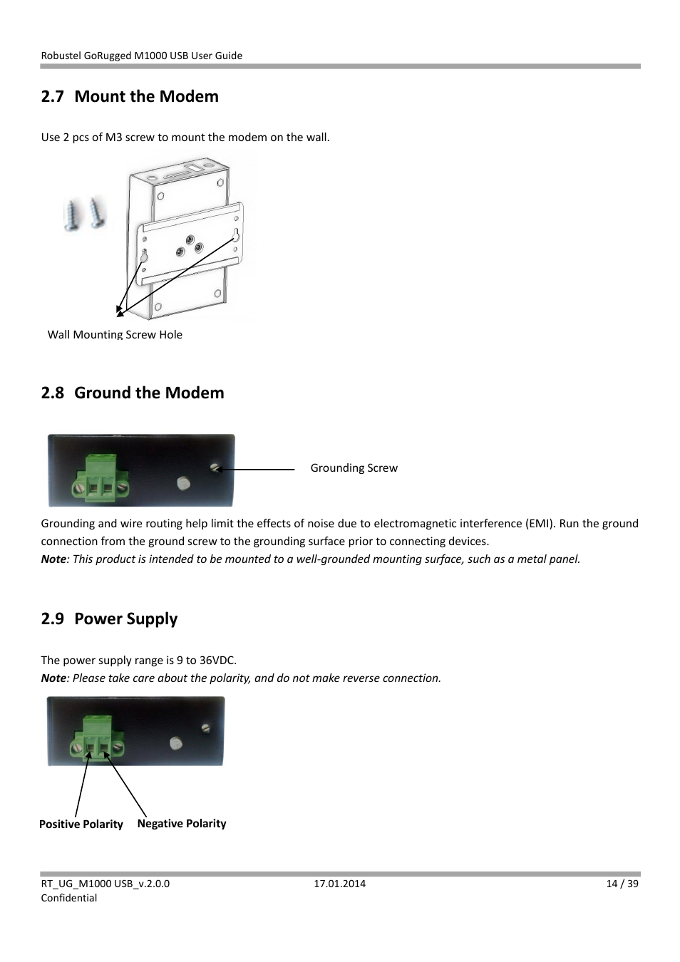 7 mount the modem, 8 ground the modem, 9 power supply | Mount the modem, Ground the modem, Power supply | Robustel M1000 USB User Guide User Manual | Page 15 / 40