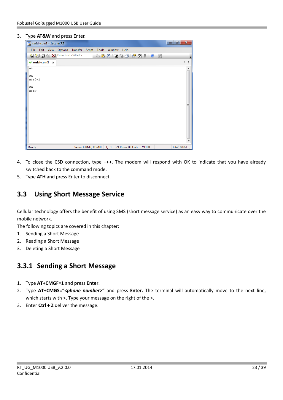 3 using short message service, 1 sending a short message, Using short message service | Sending a short message | Robustel M1000 USB User Guide User Manual | Page 24 / 40