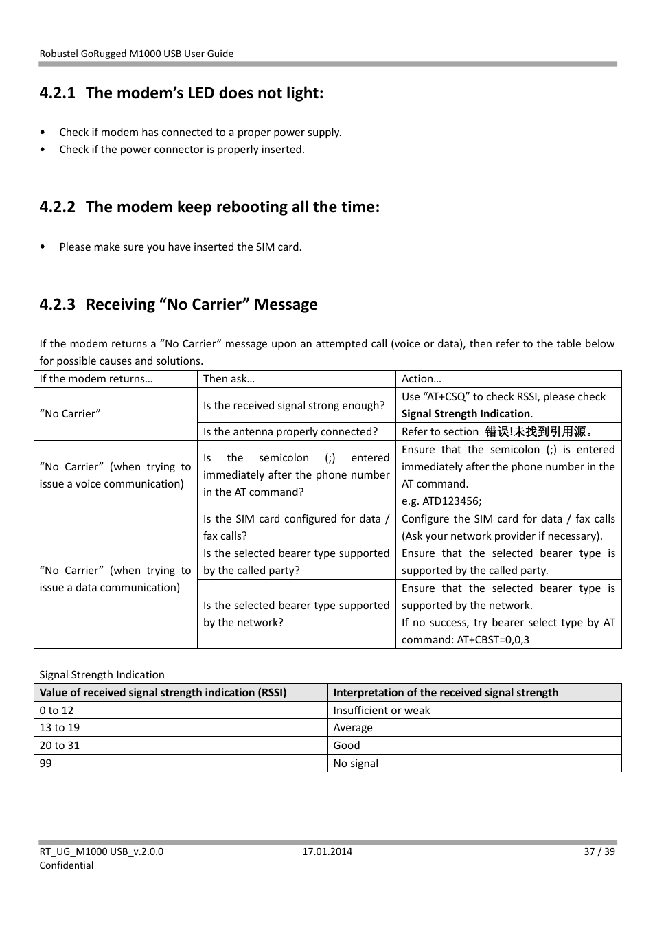 1 the modem’s led does not light, 2 the modem keep rebooting all the time, 3 receiving “no carrier” message | The modem’s led does not light, The modem keep rebooting all the time, Receiving “no carrier” message | Robustel M1000 USB User Guide User Manual | Page 38 / 40