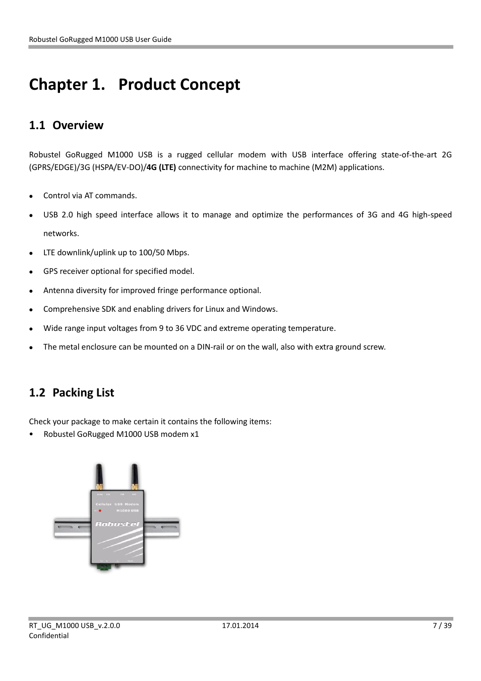 Chapter 1. product concept, 1 overview, 2 packing list | Chapter 1, Product concept, Overview, Packing list | Robustel M1000 USB User Guide User Manual | Page 8 / 40