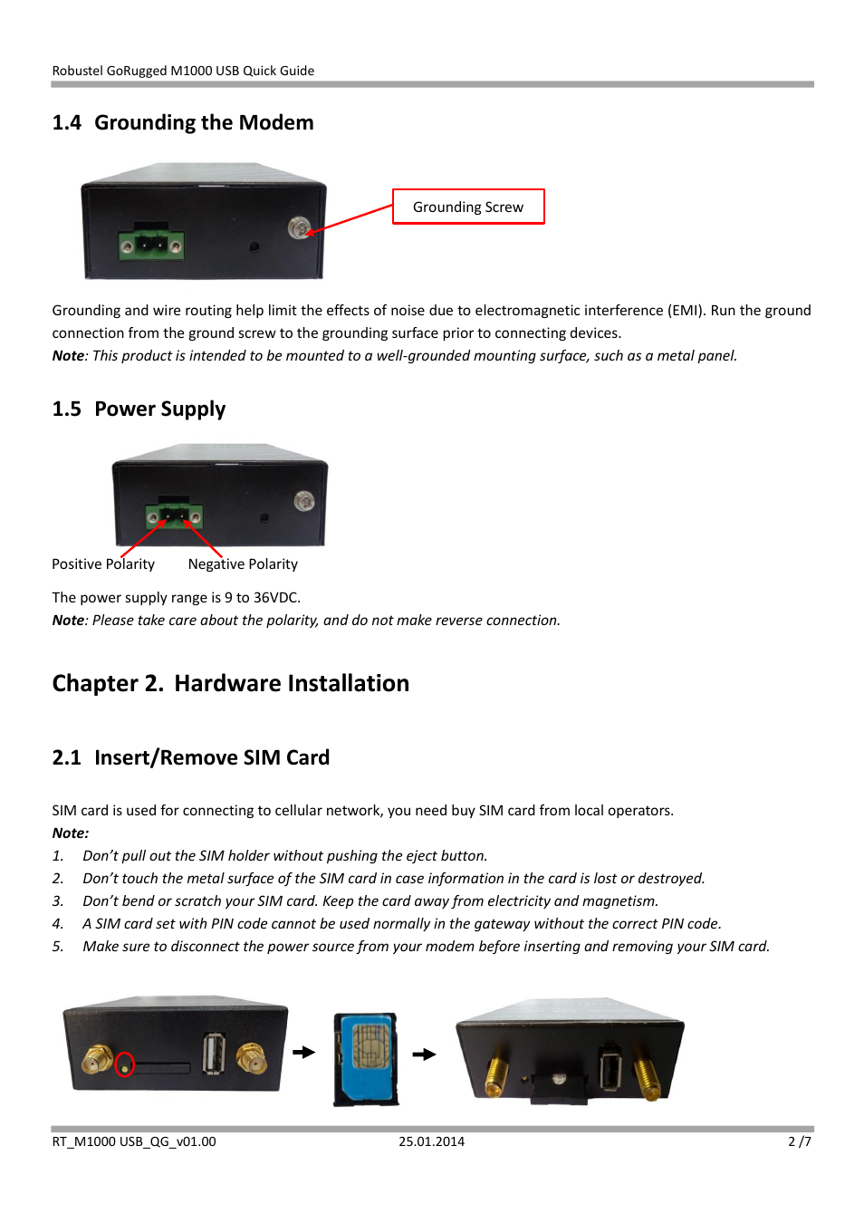 4 grounding the modem, 5 power supply, Chapter 2. hardware installation | 1 insert/remove sim card | Robustel M1000 USB Quick Guide User Manual | Page 2 / 7