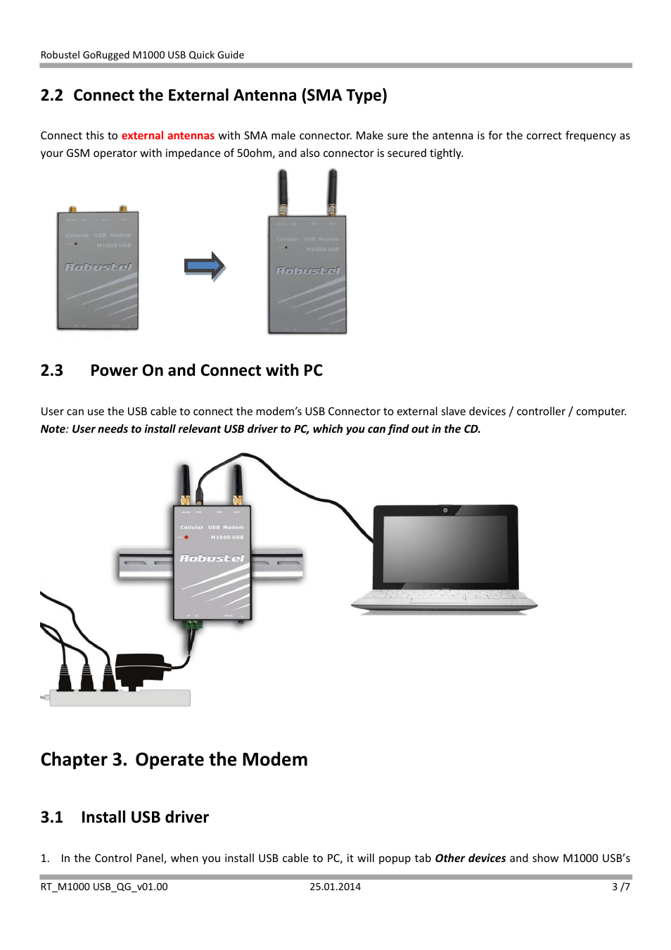 2 connect the external antenna (sma type), 3 power on and connect with pc, Chapter 3. operate the modem | 1 install usb driver | Robustel M1000 USB Quick Guide User Manual | Page 3 / 7