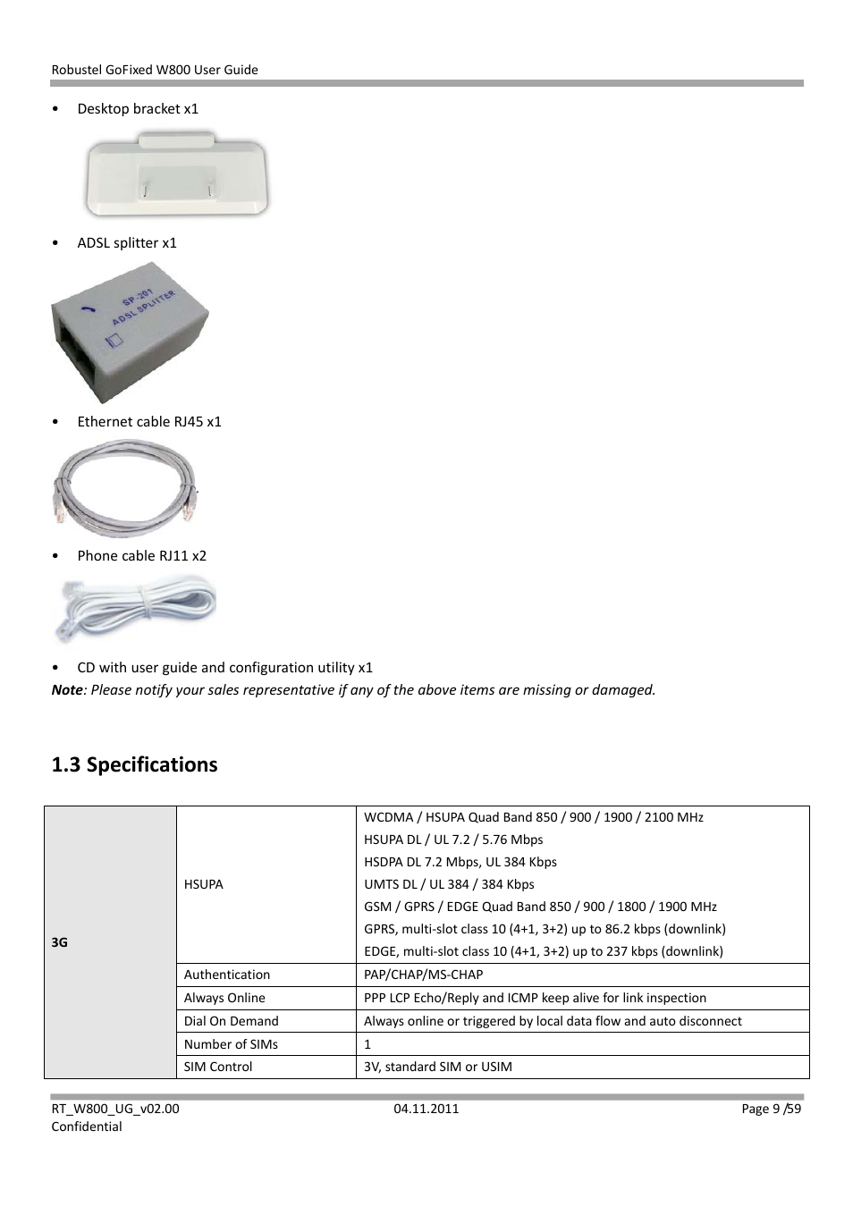 3 specifications | Robustel W800 User Manual | Page 10 / 60