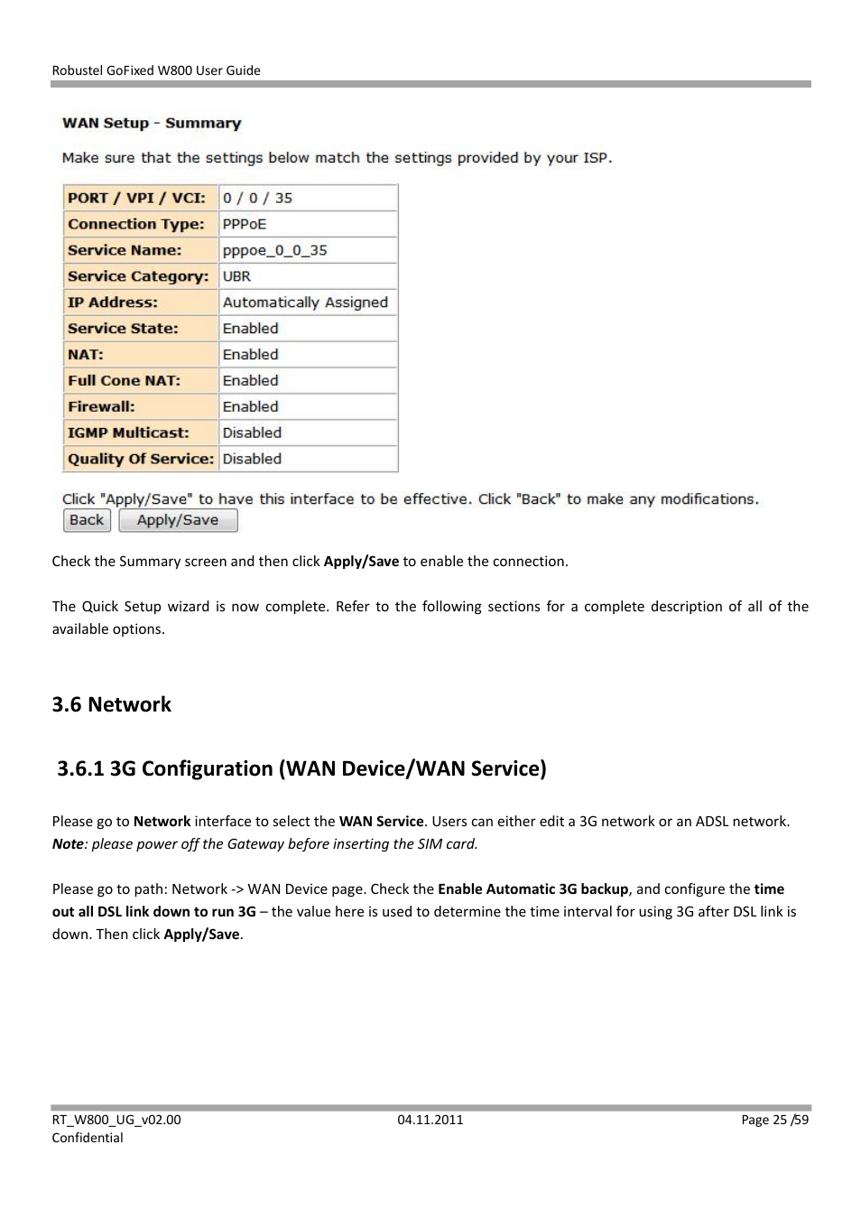 6 network, 1 3g configuration (wan device/wan service) | Robustel W800 User Manual | Page 26 / 60