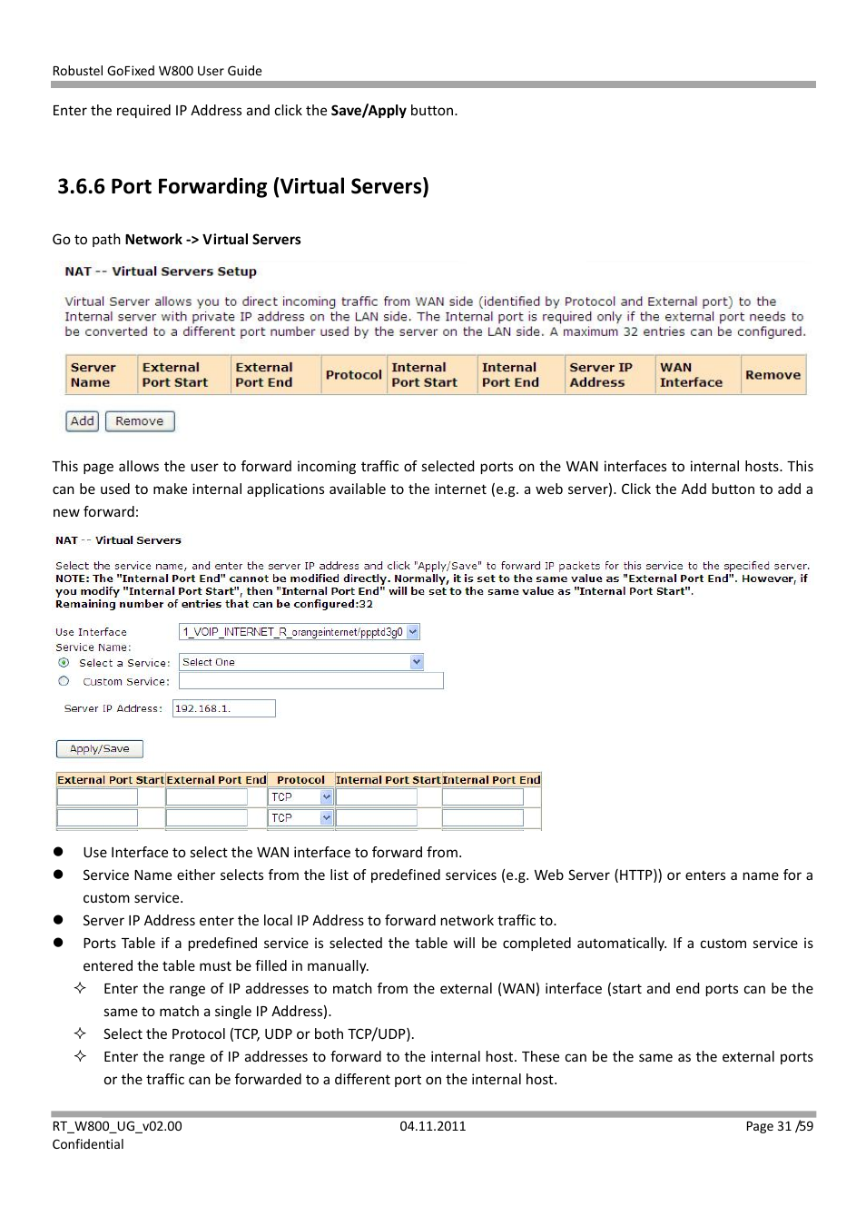 6 port forwarding (virtual servers) | Robustel W800 User Manual | Page 32 / 60