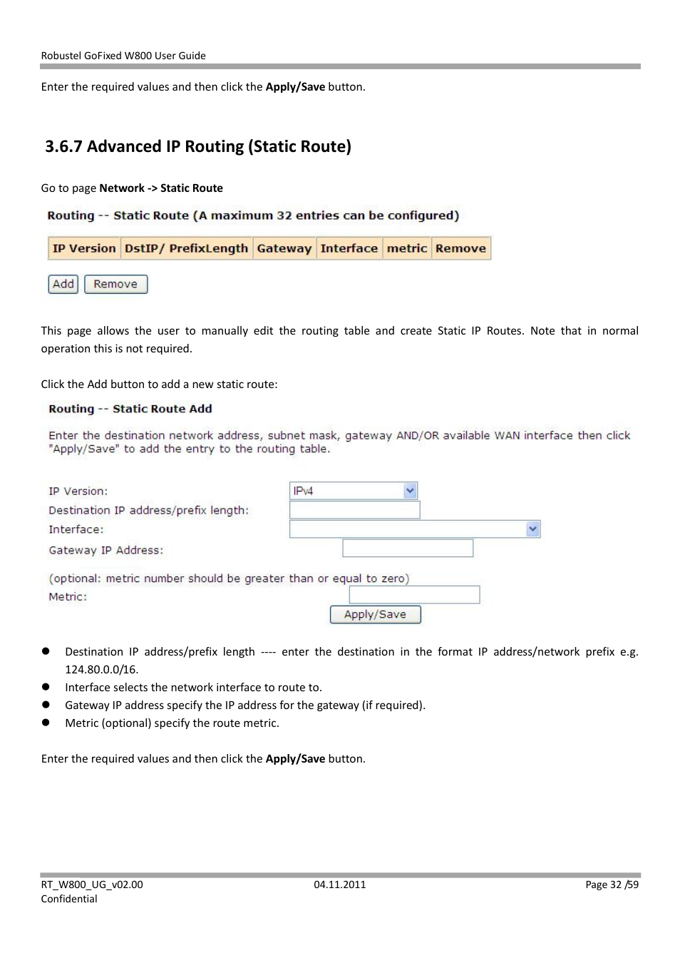 7 advanced ip routing (static route) | Robustel W800 User Manual | Page 33 / 60