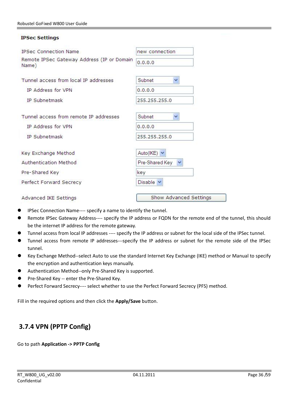 4 vpn (pptp config) | Robustel W800 User Manual | Page 37 / 60